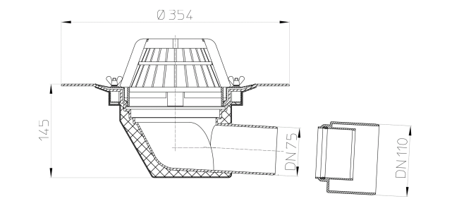 Wpust dachu płaskiego zaciskowy HL DN75/110 poziomy z koszem 