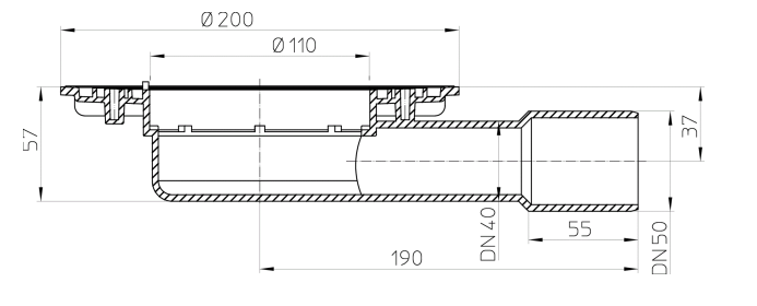 Korpus wpustu balkonowo-tarasowego DN40/50 z odejsciem poziomym i kołnierzem uszczelniającym