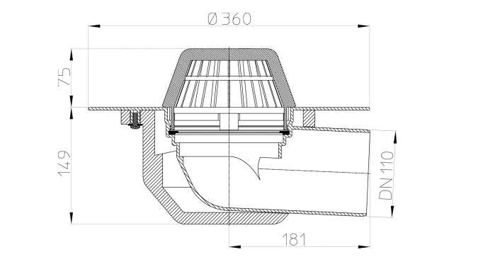 Wpust dachowy DN110 z odejściem poziomym i kołnierzem PVC oraz koszem na liście HL64P/1