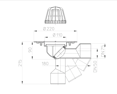 Wpust dachowy HL DN50/75 z kołnierzem i koszem 