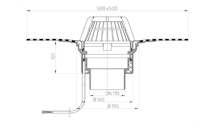 Wpust HL dachowy ogrzewany z odpływem pionowym DN110 z kołnierzem bitumicznym 