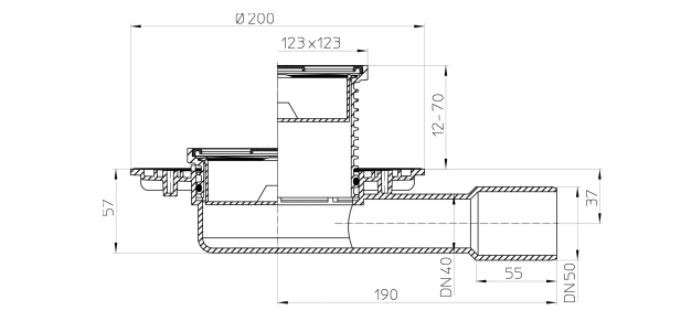 Wpust balkonowo-tarasowy DN40/50 poziomy z kołnierzem przyłączeniowym, sitkiem, nasadą i rusztem ze stali szlachetnej K3-300 kg